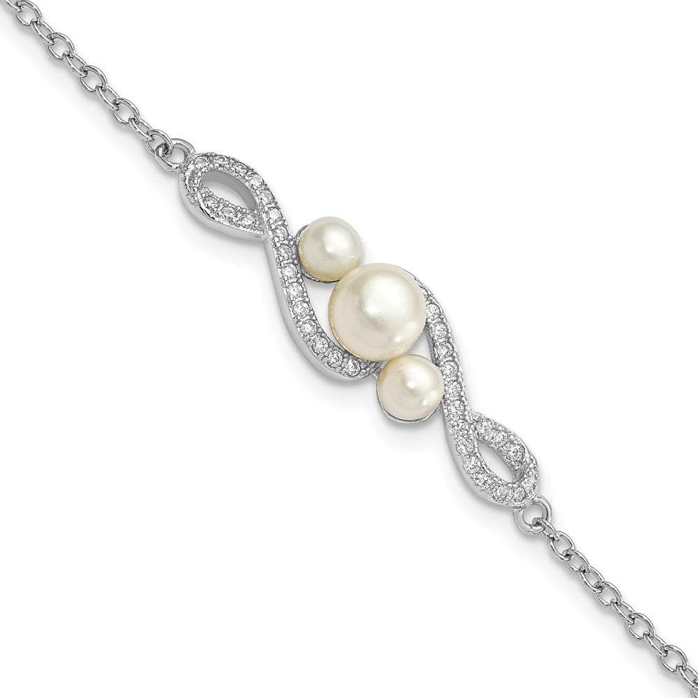 925 Sterling Silver Rhodium-plated 4-7mm White Button Freshwater Cultured Pearl and Cubic Zirconia 7 inch with 2 inch Extension Bracelet