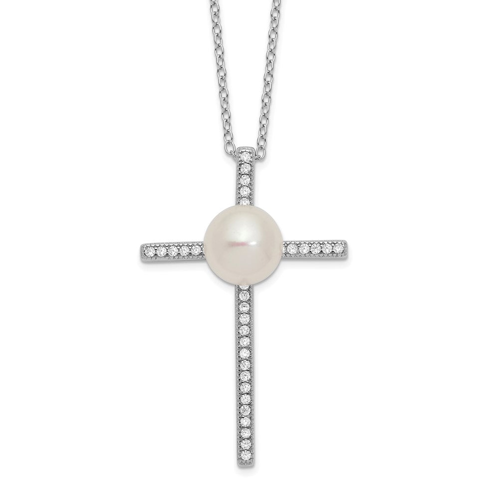 Sterling Silver 8-9mm Button Cultured Pearl Cubic Zirconia Cross Necklace 17"