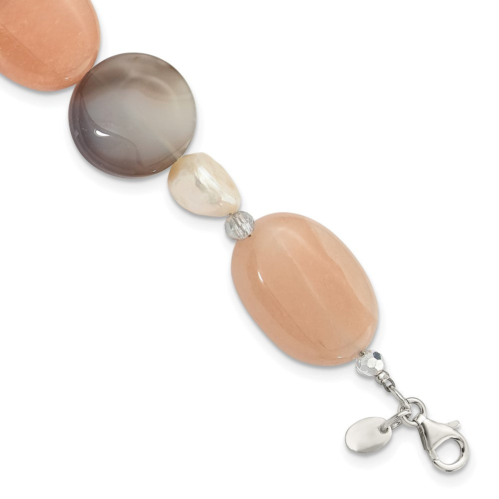 925 Sterling Silver Agate, Aventurine, Crystal and Freshwater Cultured Pearl 9 inch Bracelet