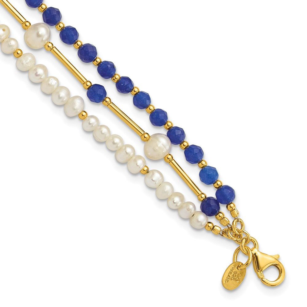 925 Sterling Silver Gold-plated Freshwater Cultured Pearl/Blue Quartz 9 inch Bracelet