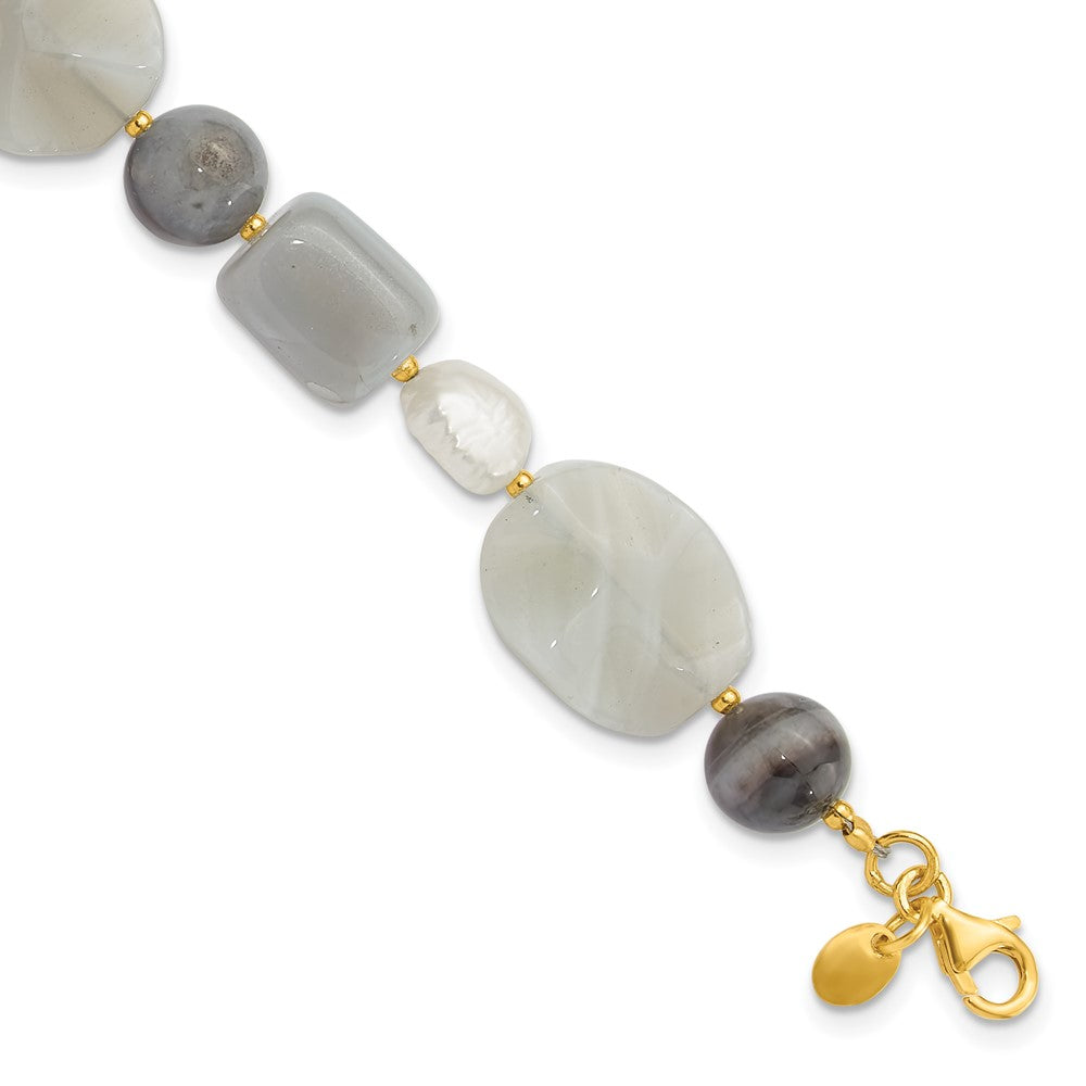925 Sterling Silver Gold-plated Freshwater Cultured Pearl/Agate/Sardonyx 9 inch Bracelet