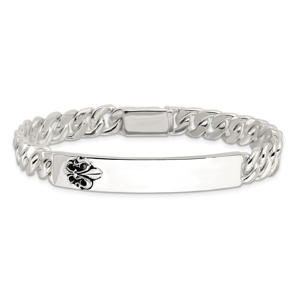 925 Sterling Silver 9.25mm Antiqued Fleur-de-lis ID Men's Bracelet 8.5 inch