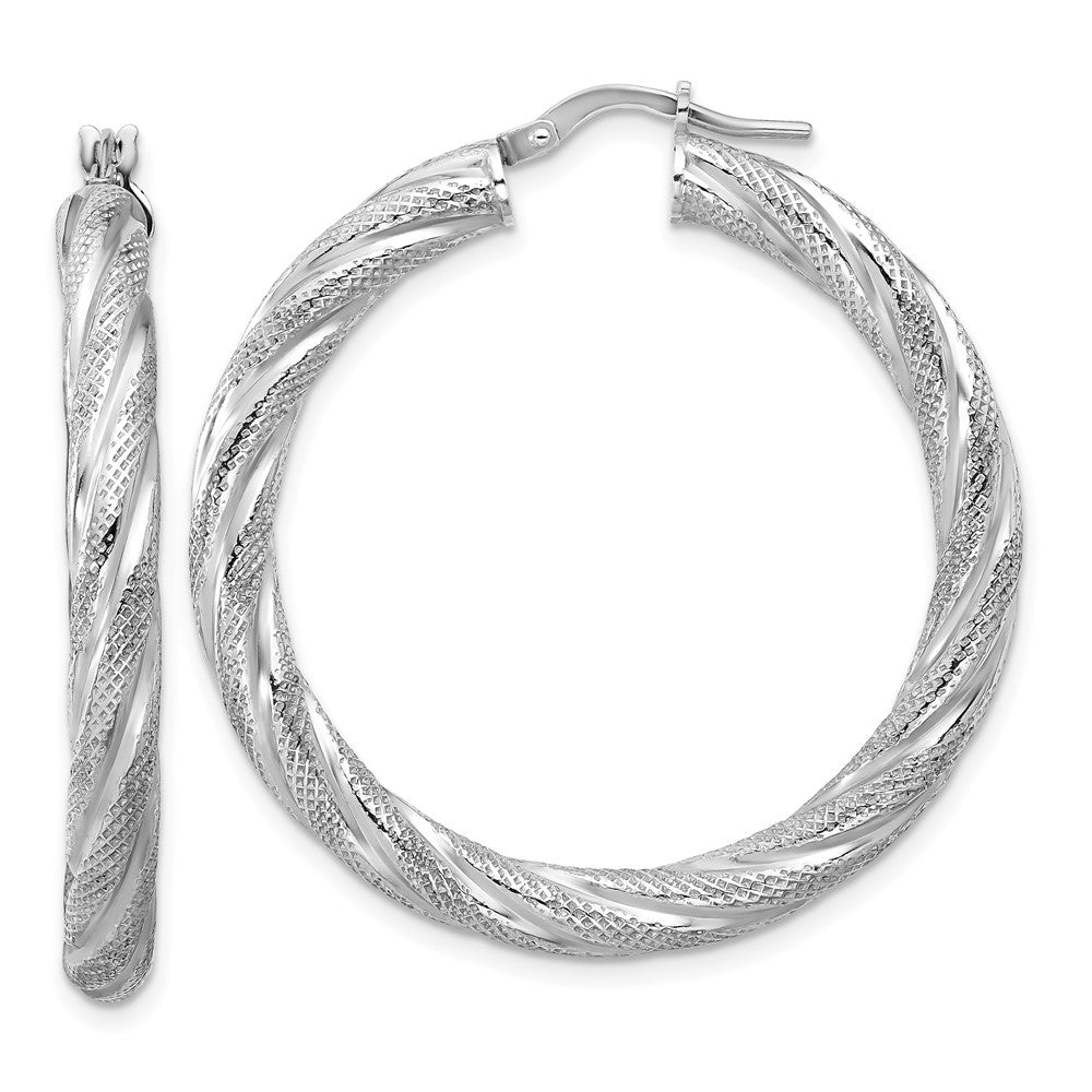 Sterling Silver Rh-plated Polished and Textured Round Hoop Earrings