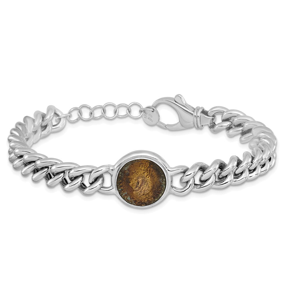 925 Sterling Silver 16mm Rhodium-plated Bronze Coin Bracelet 8.5 inch