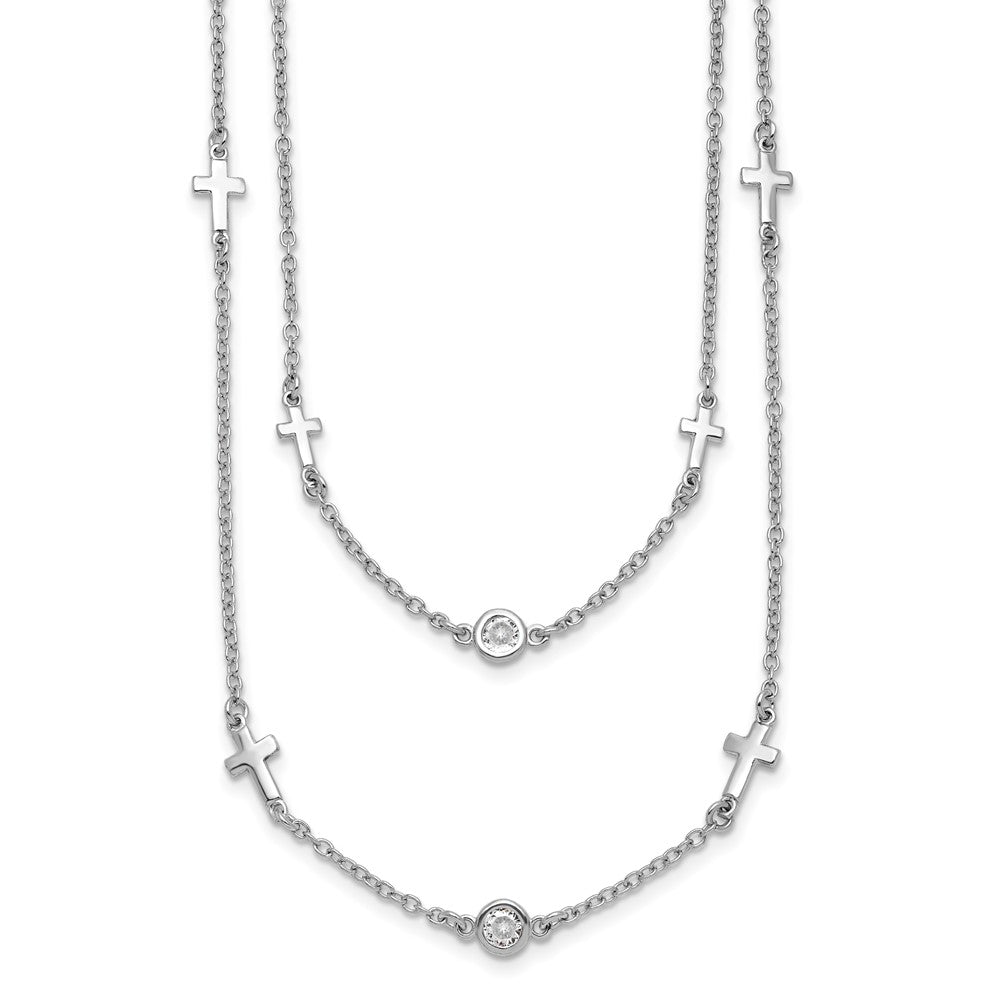 Sterling Silver Rhod-pl Cubic Zirconia Cross Multi-strand Necklace 16"