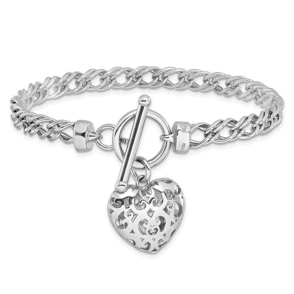 925 Sterling Silver 5.5mm Rhodium-plated Polished with Heart Charm Bracelet 7.5 inch