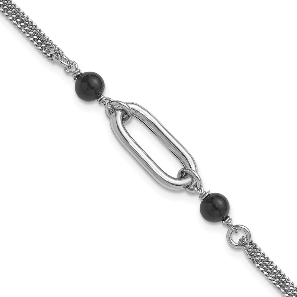 925 Sterling Silver Rhodium-plated Black Glass Pearl 2-Strand Link 7 inch Bracelet