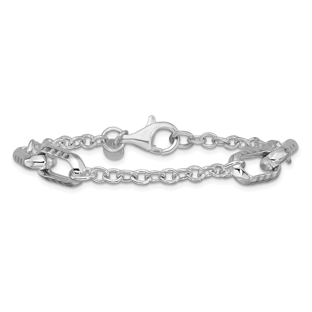 925 Sterling Silver Rhodium-plated Polished and Hamm ered Link Bracelet 7.5 inch