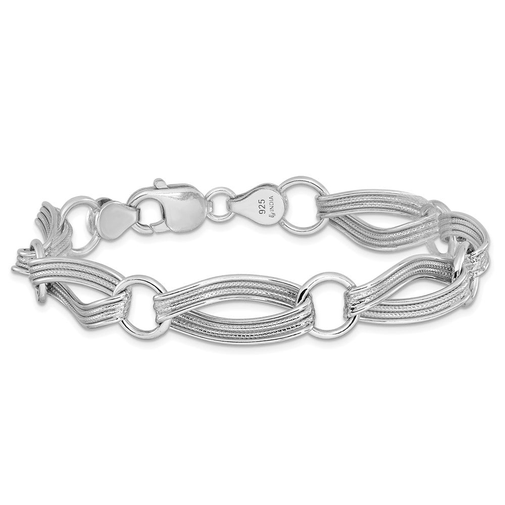 925 Sterling Silver 2.75mm Rhodium-plated Polished and Textured Link Bracelet 8.5 inch