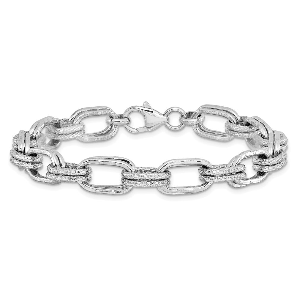 925 Sterling Silver 2.5mm Rhodium-plated Polished and Textured Link Bracelet 7.5 inch