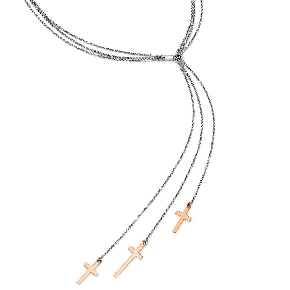 Sterling Silver 3 Rose-tone Cross Adj up to Slip-on Necklace 24"