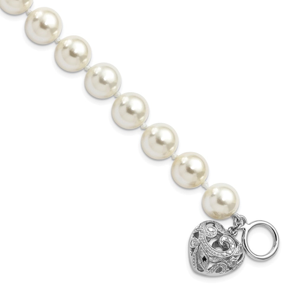 925 Sterling Silver Rhodium-plated 10-11mm White Imitation Shell Pearl with Heart Hand-knotted Bracelet 8 Inch