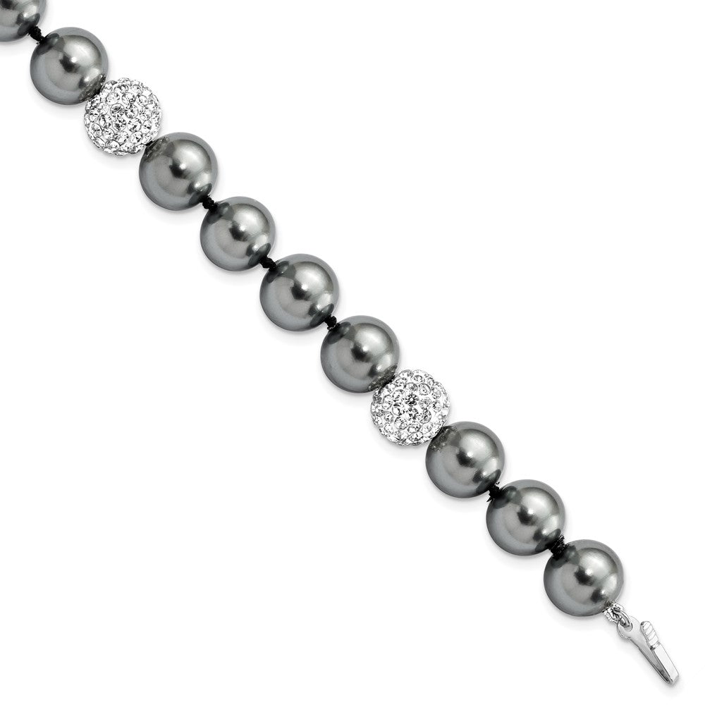 925 Sterling Silver Rhodium-plated 10-11mm Dark Grey Imitation Shell Pearl Crystal Hand-knotted Bracelet 8 Inch