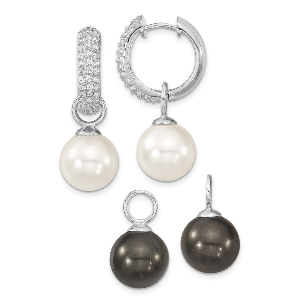 Sterling Silver Rhodium-plated 12-13mm Black and White Interchangeable Shell Pearl & CZ Hinged Hoop Earrings