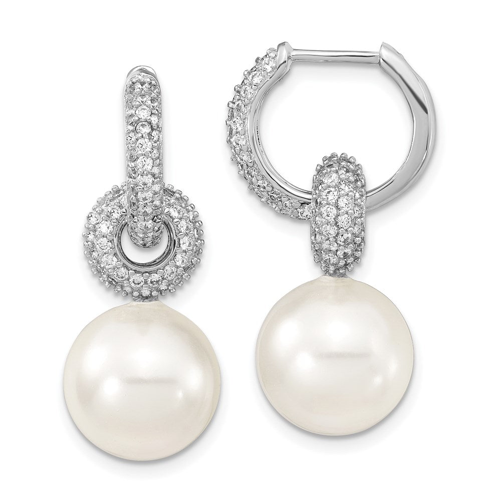 Sterling Silver Rhodium-plated 12-13mm White Imitation Shell Pearl & CZ Dangle Endless Hoop Earrings