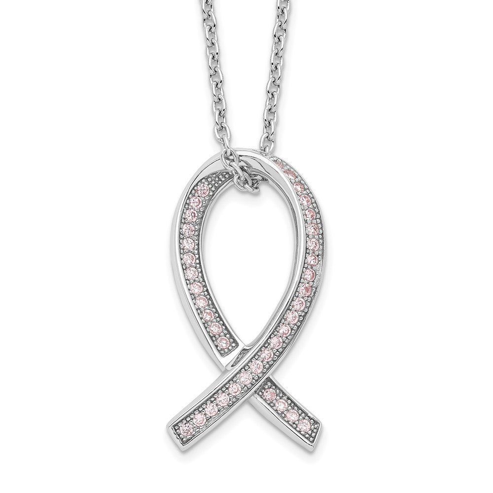 Sterling Silver 38 Stone Pink CZ Awareness Ribbon Necklace 18"
