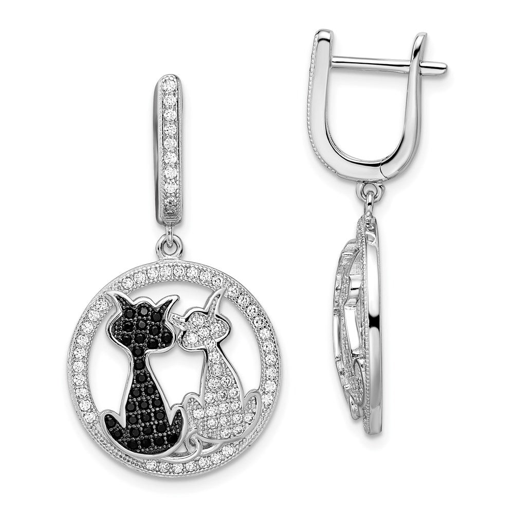 Sterling Silver Rhodium-plated Black and White CZ Cat Dangle Hinged Hoop Earrings