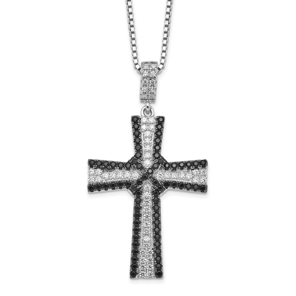 Sterling Silver Black and White Cubic Zirconia Cross Necklace 18"