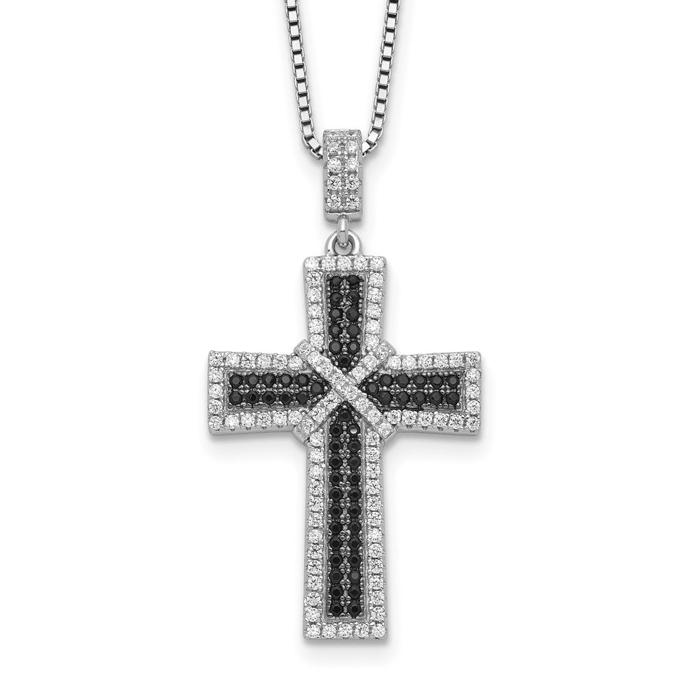Sterling Silver 156 Stone Black and White Cubic Zirconia Polished Cross Necklace 18"