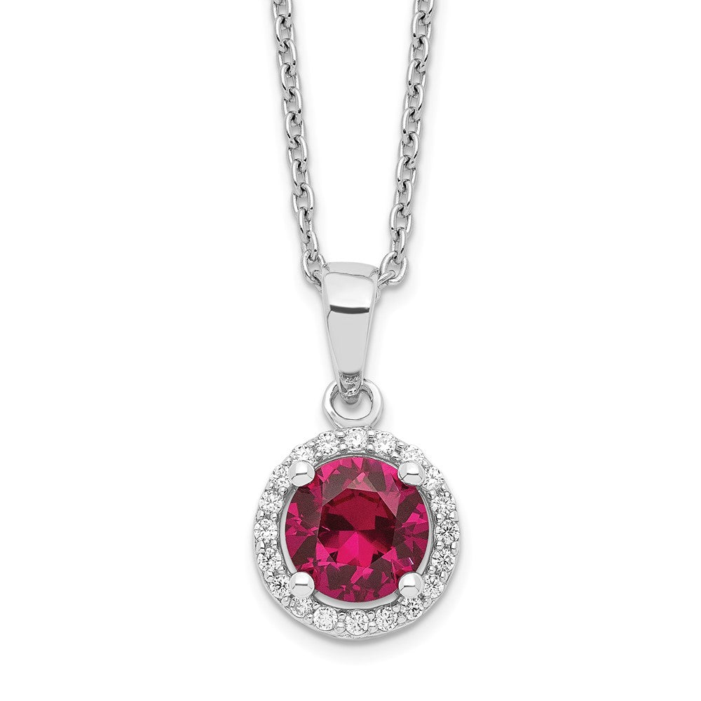 Sterling Silver 20 Stone Red Corundum and Clear CZ Halo Necklace 18"