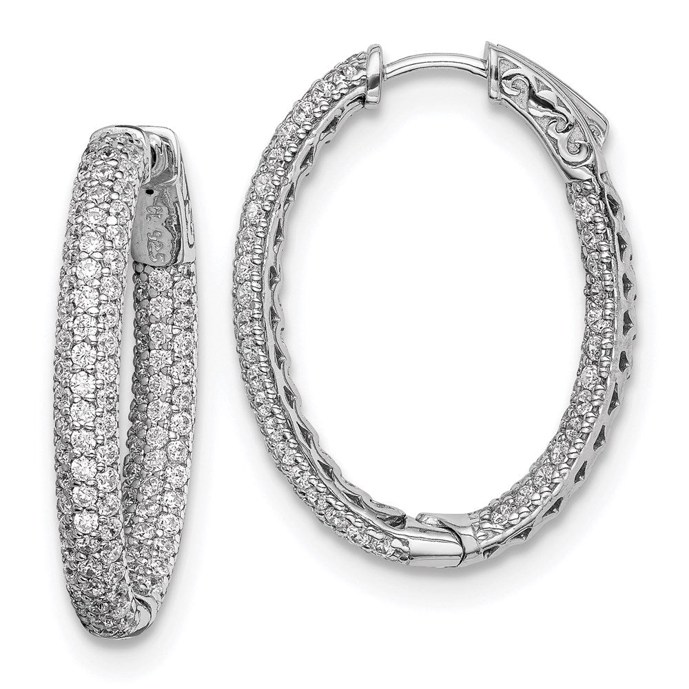 Sterling Silver Rhodium-plated 1.5mm CZ In and Out Oval Hinged Hoop Earrings