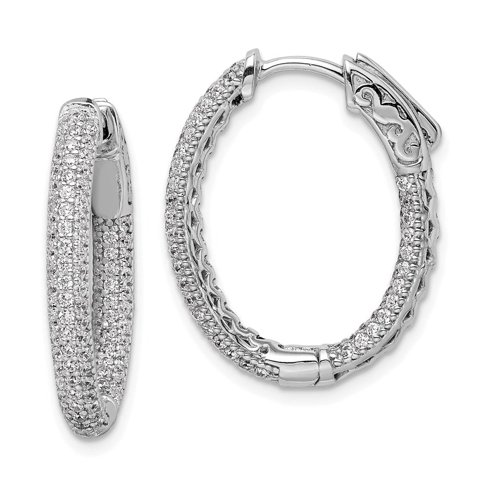 Sterling Silver Rhodium-plated 1.1mm CZ In and Out Oval Hinged Hoop Earrings