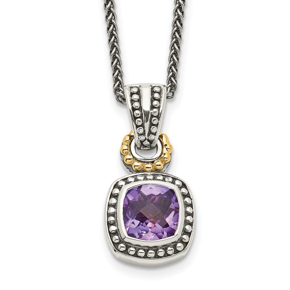 Sterling Silver 14K Gold Accent Cushion Bezel Amethyst Necklace 18"