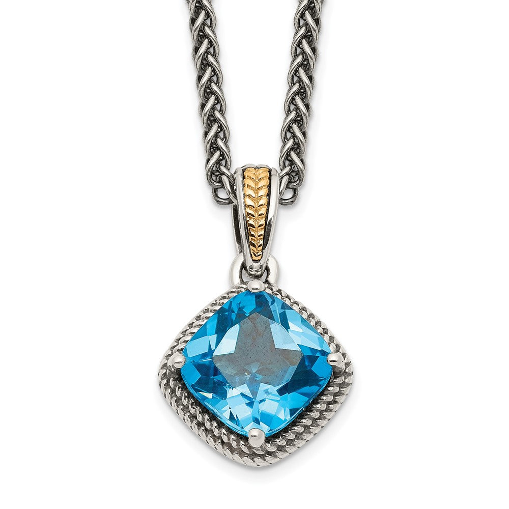 Sterling Silver 14K Gold Accent Cushion Blue Topaz Necklace 18"