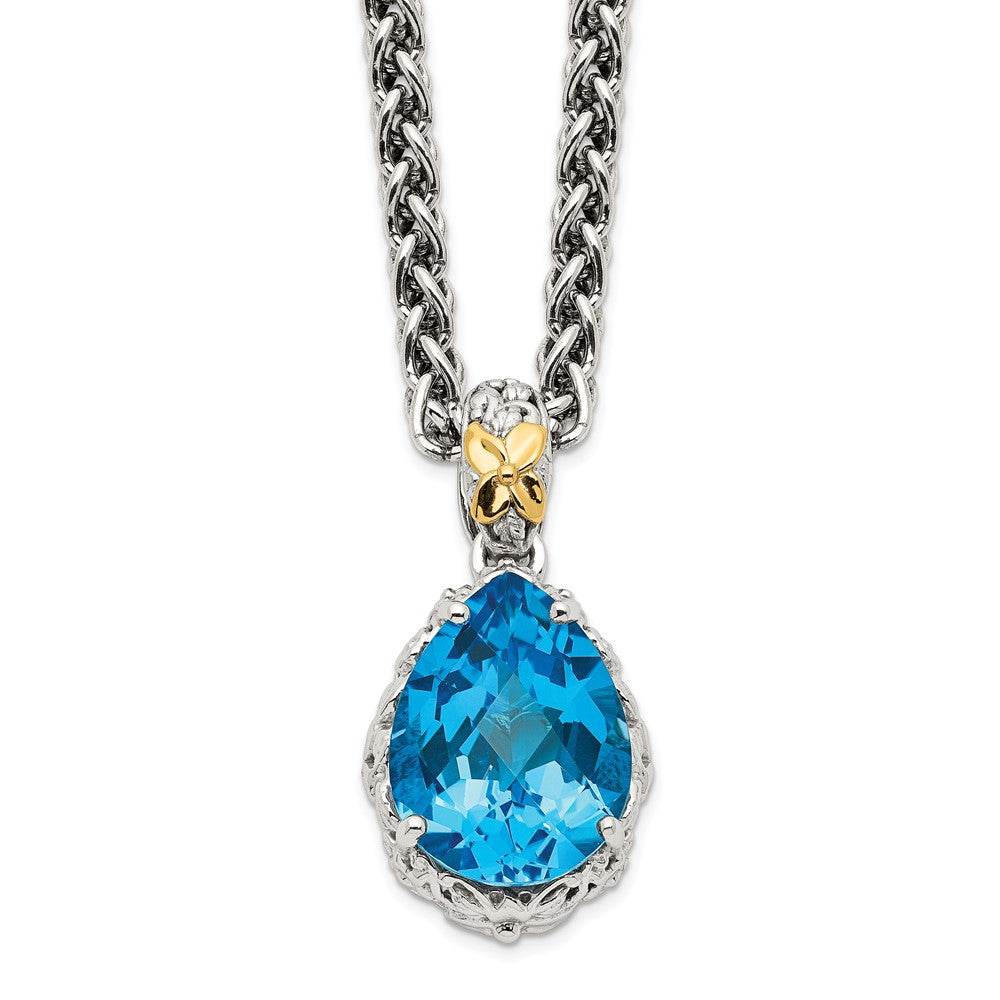 Sterling Silver 14K Gold Accent Pear Shaped Blue Topaz Necklace 18"