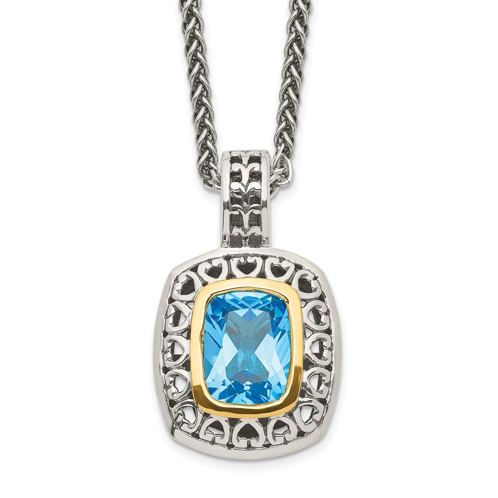 Sterling Silver 14K Gold Accent Cushion Bezel Light Swiss Blue Topaz Necklace 18"