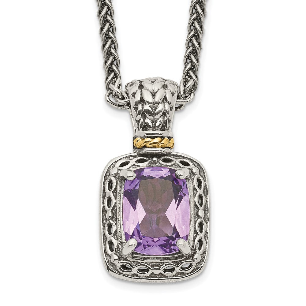 Sterling Silver 14K Gold Accent Cushion Amethyst Necklace 18"