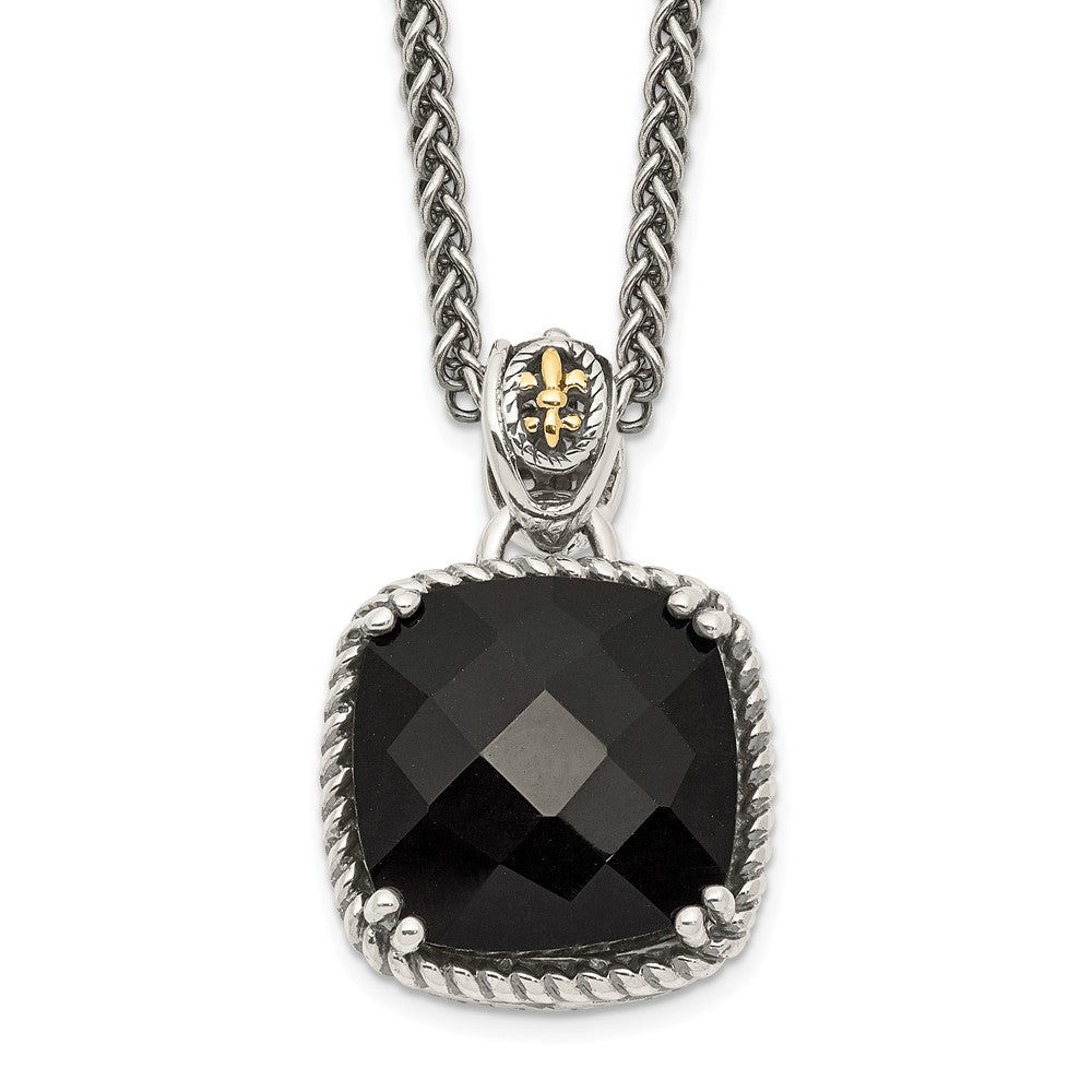 Sterling Silver 14K Gold Accent Checkerboard-cut Black Onyx Necklace 18"