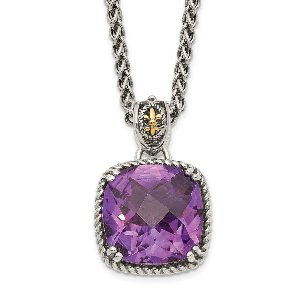 Sterling Silver 14K Gold Accent Cushion Checkerboard Amethyst Necklace 18"