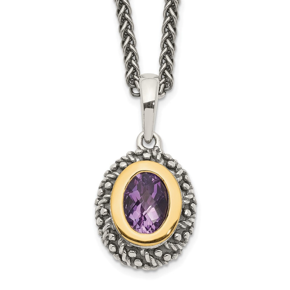 Sterling Silver 14K Gold Accent Oval Bezel Amethyst Necklace 18"