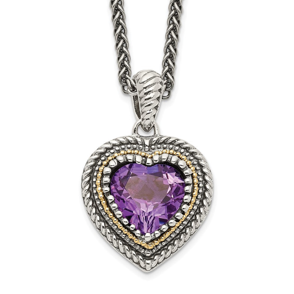 Sterling Silver 14K Gold Accent Amethyst Heart Necklace 18"