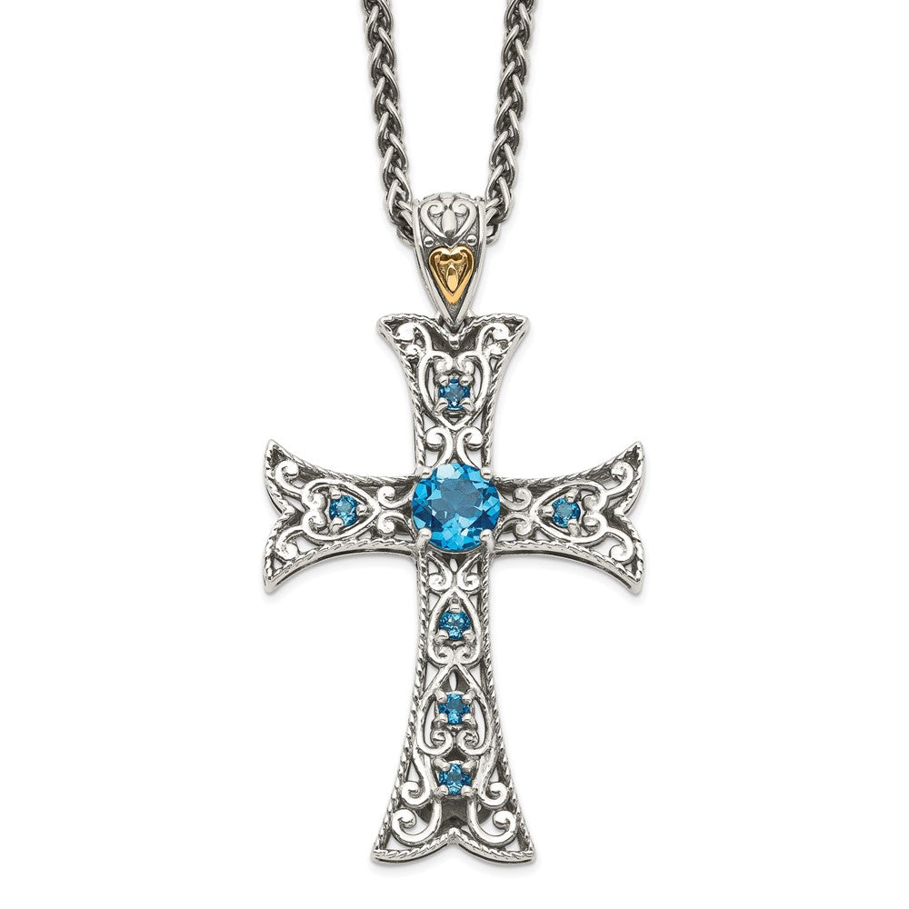 Sterling Silver 14K Gold Accent Round London Blue Topaz Cross Necklace 18"