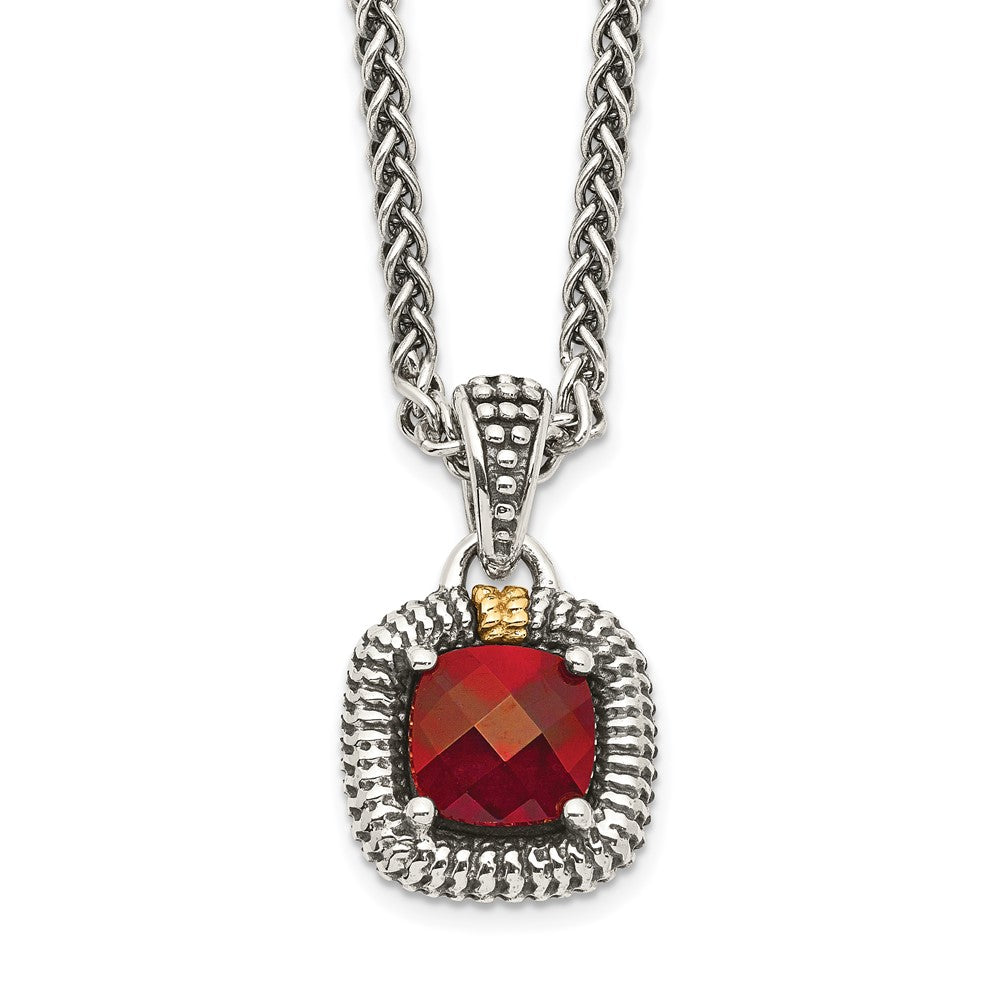 Sterling Silver 14K Gold Accent Checkerboard Bezel Garnet Necklace 18"