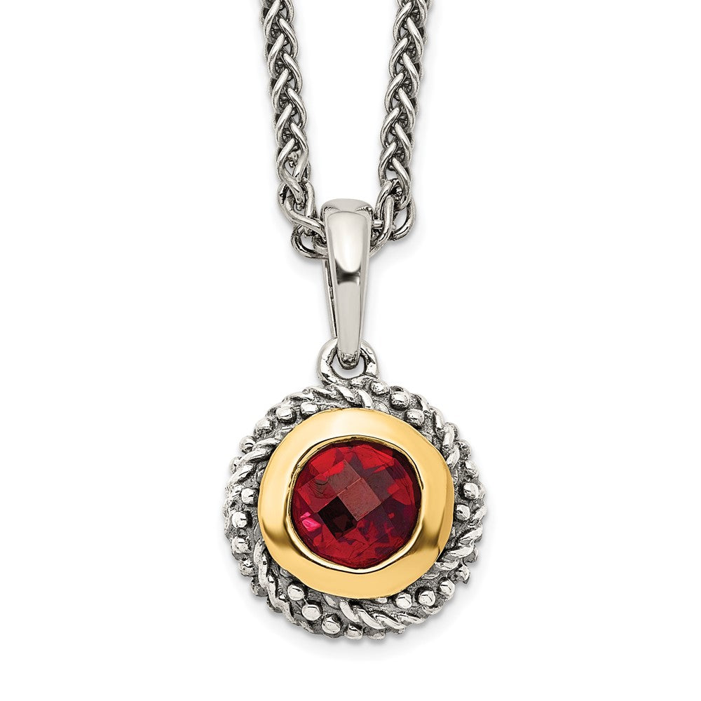 Sterling Silver 14K Gold Accent Checkerboard Round Bezel Garnet Necklace 18"