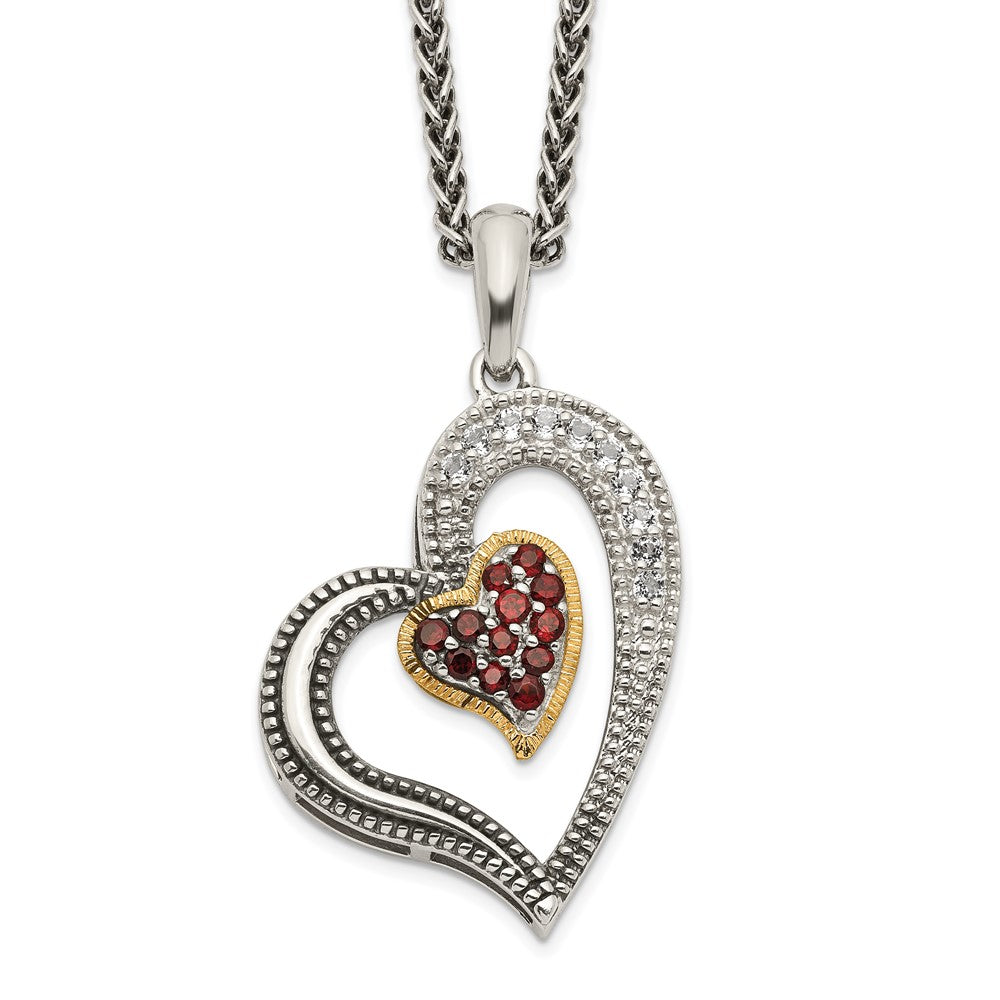 Sterling Silver 14K Gold Accent .22 Ct Garnet and .20 Ct White Topaz Heart Necklace 18"