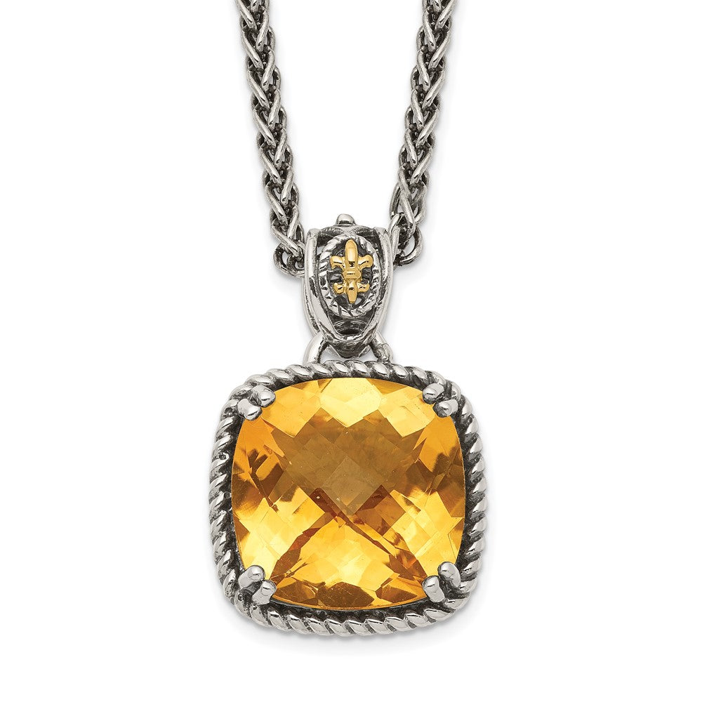 Sterling Silver 14K Gold Accent Checkerboard Cushion Citrine Necklace 18"