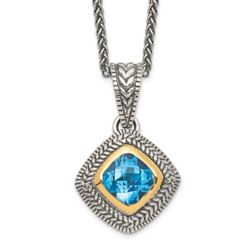 Sterling Silver 14K Gold Accent Cushion Bezel Sky Blue Topaz Necklace 18"