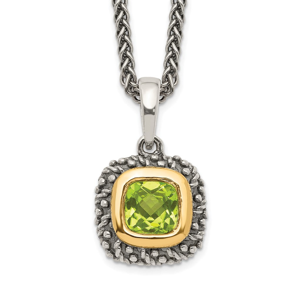 Sterling Silver 14K Gold Accent Cushion Bezel Peridot Necklace 18"