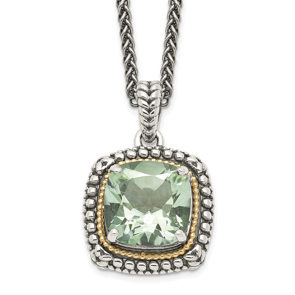 Sterling Silver 14K Gold Accent Cushion Green Quartz Necklace 18"