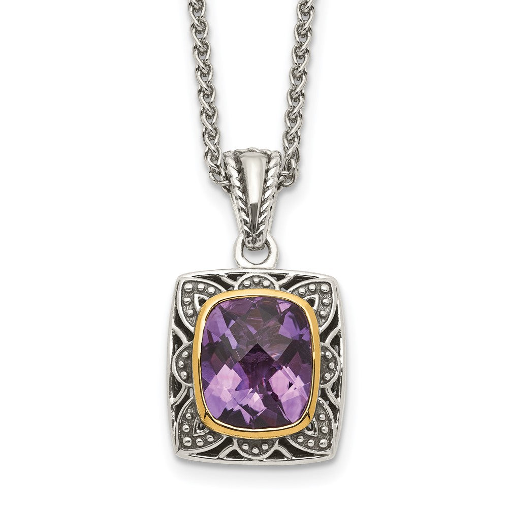 Sterling Silver 14K Gold Accent Checkerboard-cut Cushion Bezel Amethyst Necklace 18"