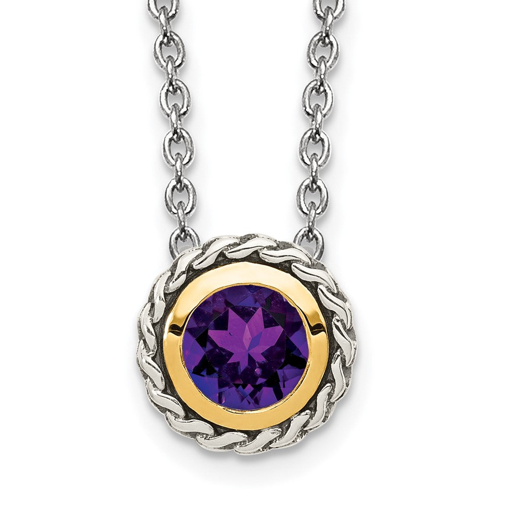 Sterling Silver 14K Gold Accent Round Bezel Amethyst Necklace 18"