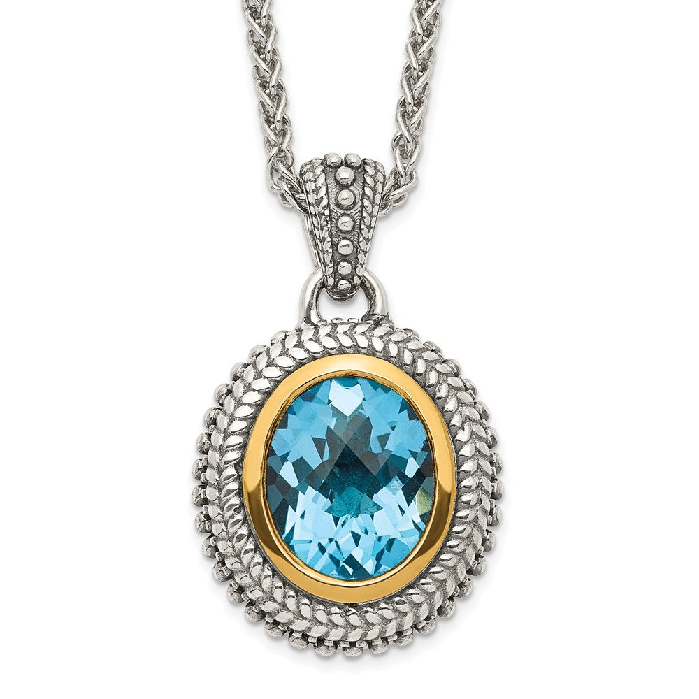 Sterling Silver 14K Gold Accent Oval Bezel Light Swiss Blue Topaz Necklace 18"
