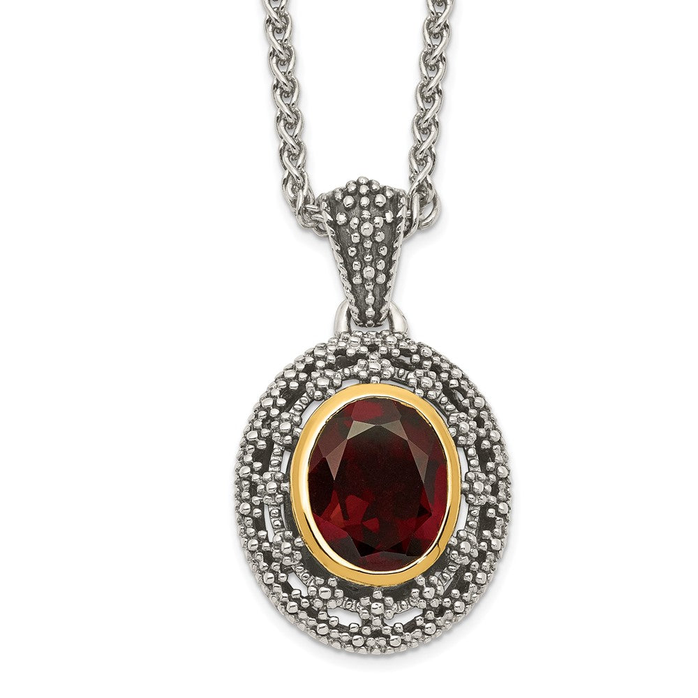 Sterling Silver 14K Gold Accent Oval Garnet Necklace 18"