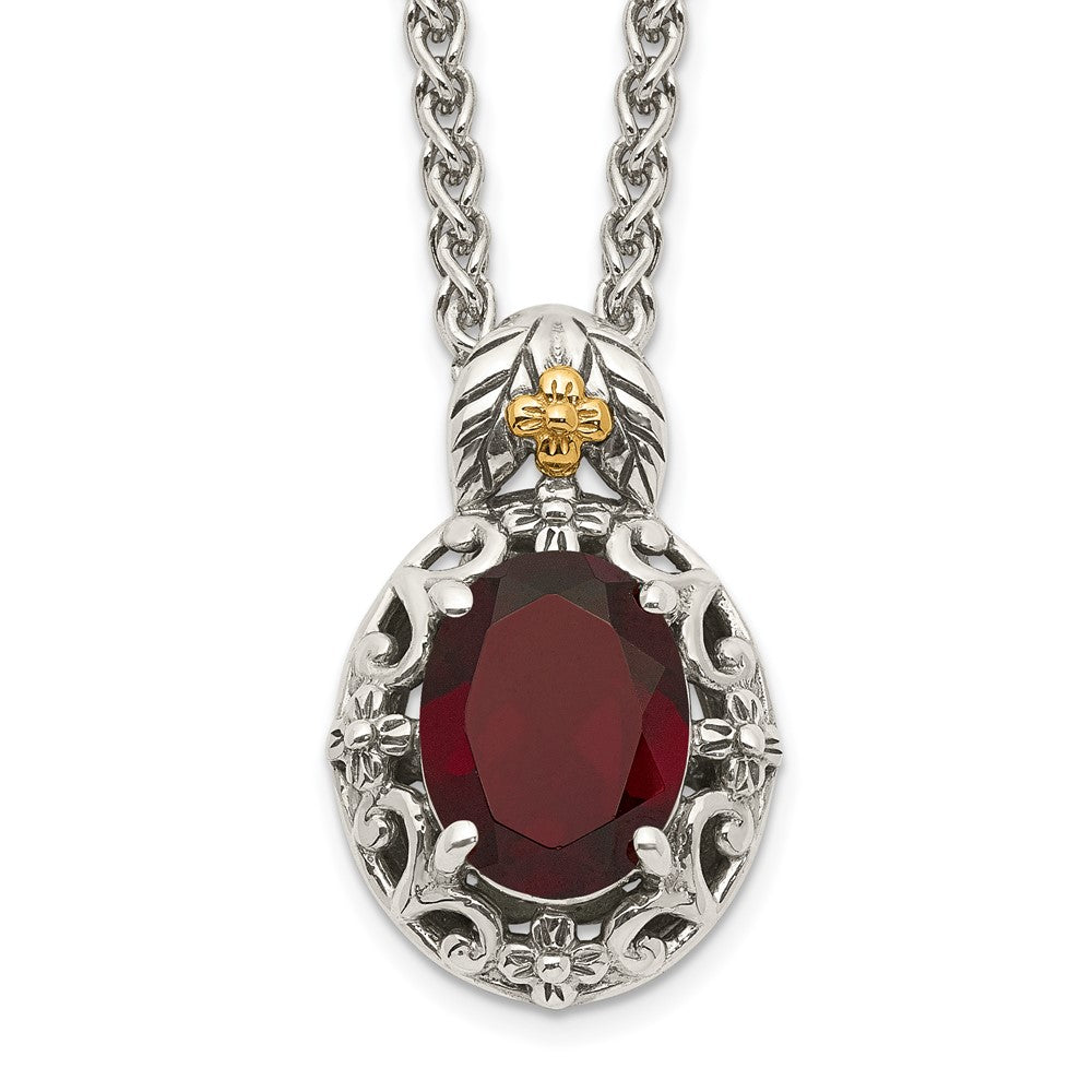 925 Sterling Silver 14K Gold Accent Oval Garnet Necklace 18"
