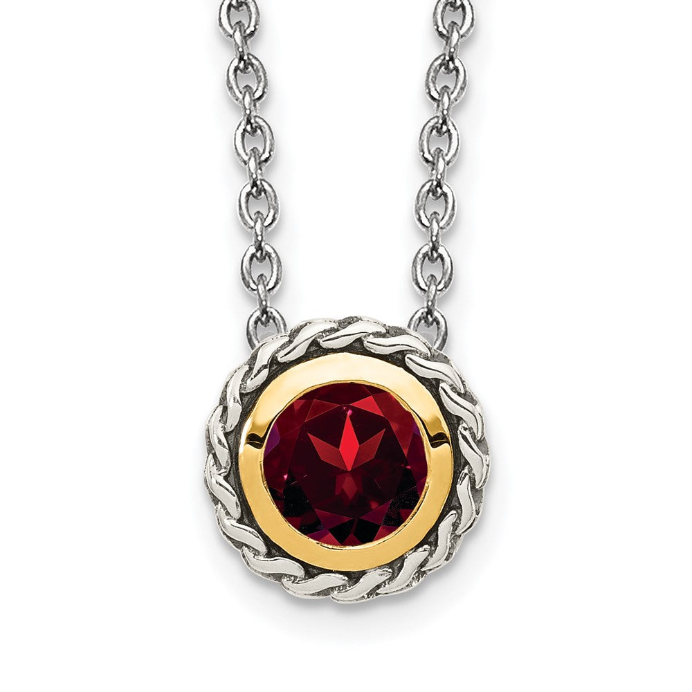 Sterling Silver 14K Gold Accent Round Bezel Garnet Necklace 18"