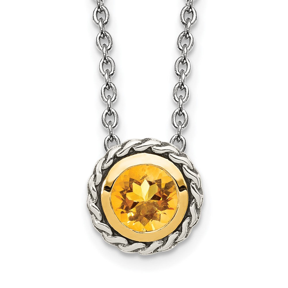 Sterling Silver 14K Gold Accent Round Bezel Citrine Necklace 18"